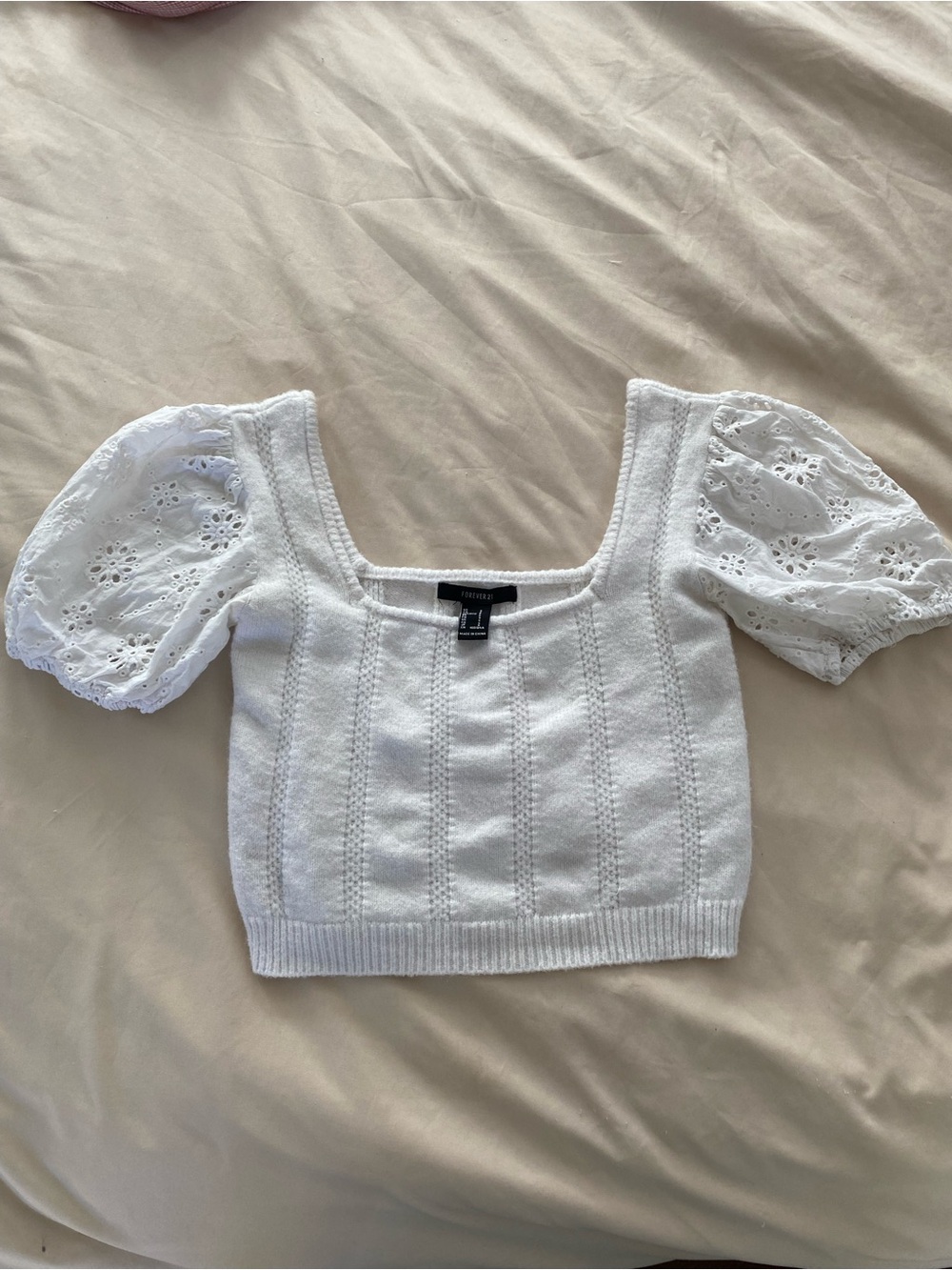 Forever 21 White Eyelet Puff Sleeve Knit Crop Top